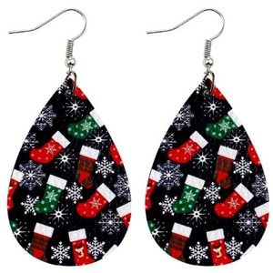 Christmas Stockings on Navy Vegan Leather Teardrop Earrings